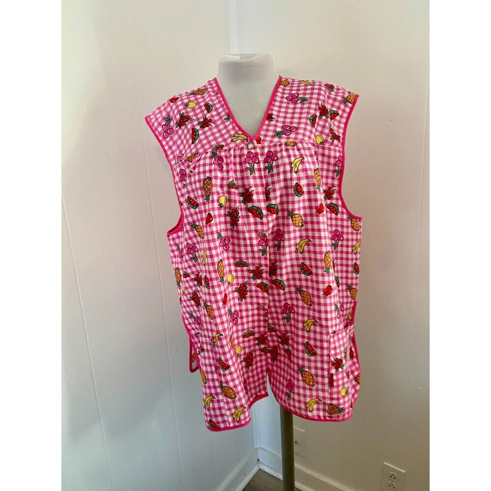 VTG Private Moments Pearl Snap House Dress Apron Smock Fruit 2XL Gingham Cotton - Picture 5 of 15